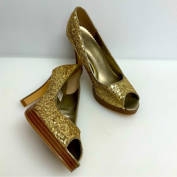 FIONI sz 8 Heels Open Toe Slight Platform Glitter Sparkly GOLD - Picture 4 of 11